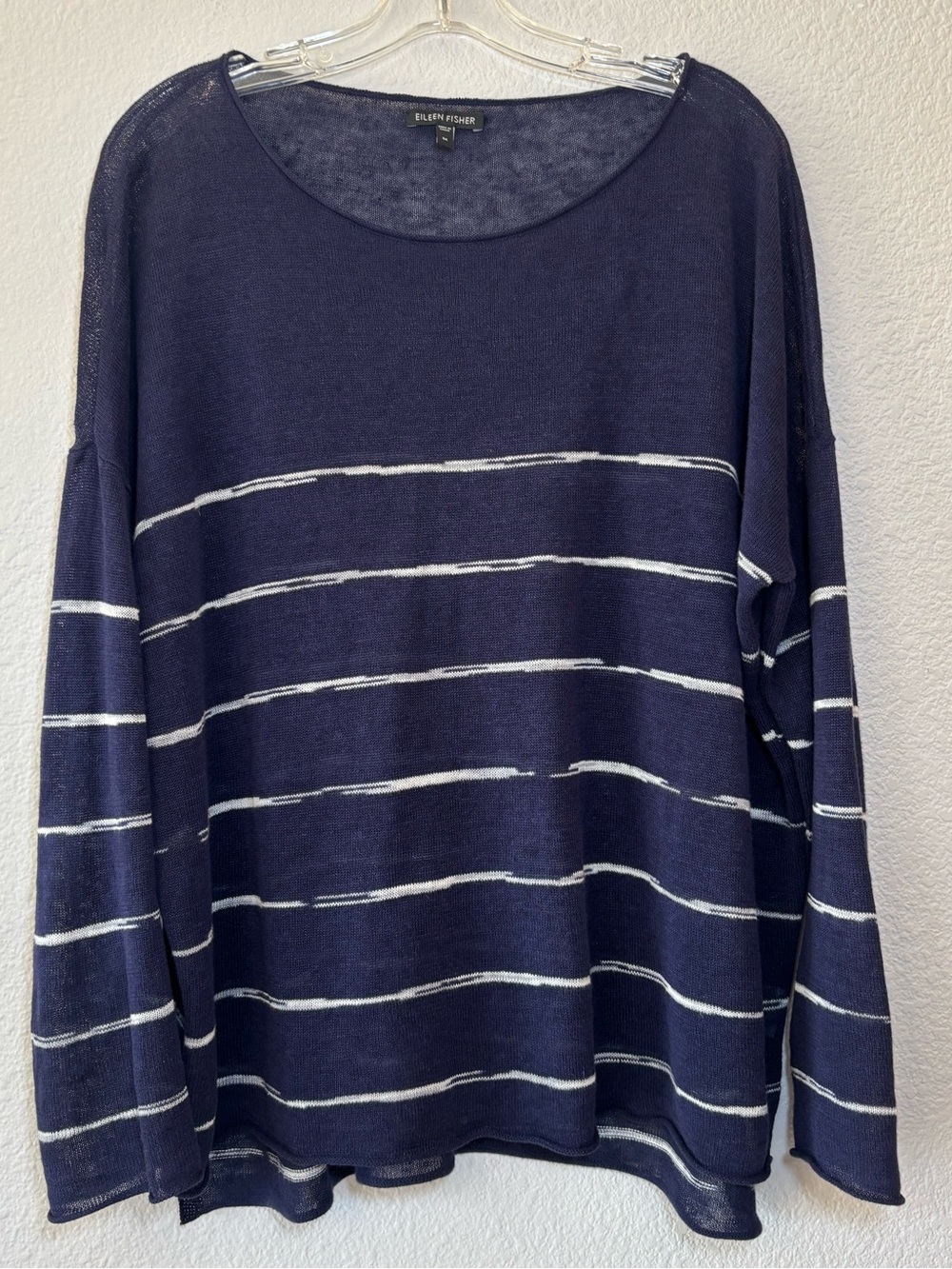 Eileen Fisher Navy Striped 100% Organic Linen Knit Sweater M Oversized Nautical